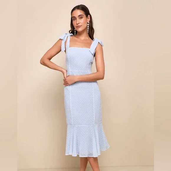 Lulus Bemini Periwinkle Blue Swiss Dot Tie-Strap Midi Dress Size XS - Picture 1 of 4